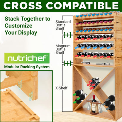 NutriChef 108 Bottle Wine Rack Stackable Bamboo Freestanding, 12 Tier Modular Shelf, Sturdy Wobble Free Upgraded 2026 Design, Easy No-Tool Assembly for Kitchen Cellar or Bar Storage 33.5" x 10" x 63”