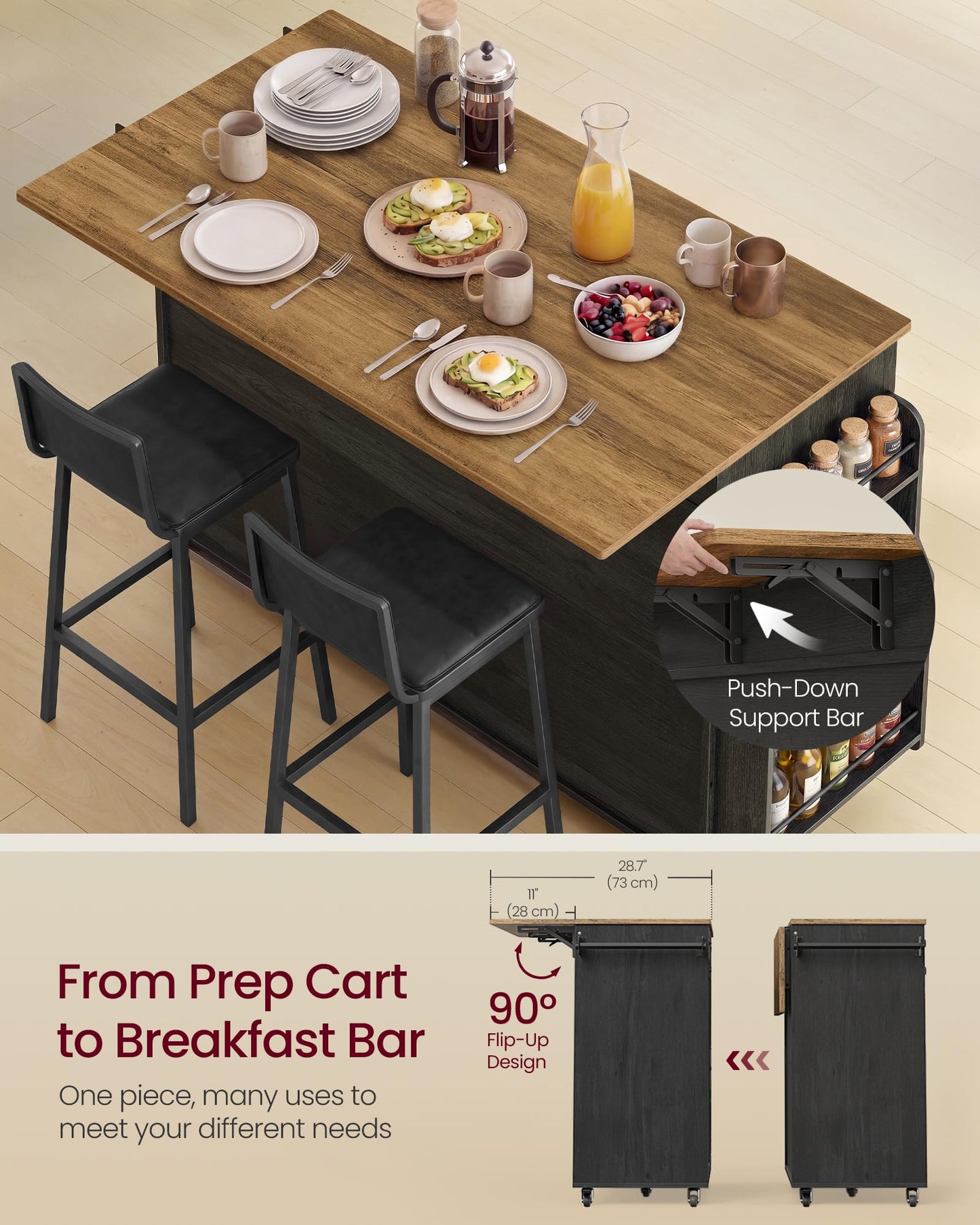 VASAGLE Mobile Kitchen Island with Trash Can Storage, Drop Leaf, Portable Island with Spice Rack, Mobile Cart with Storage Cabinet, for Dining Room, Ink Black and Honey Brown UKKI014BJ01S