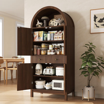 Apicizon 70" Tall Arched Kitchen Pantry Cabinet, 6-Tier Modern Fluted Wood Storage Cabinet with Doors Drawer & Adjustable Shelves, Farmhouse Cupboard Organizer for Dining Room, Bathroom, Walnut