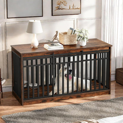 YITAHOME 55 Inch Large Dog Crate Furniture, Heavy Duty Wooden Dog Crate TV Stand with 2 Dog Bowls, Metal Dog Kennel Indoor Furniture Sliding Barn Door Design for Extra Large Dogs, Rustic Brown