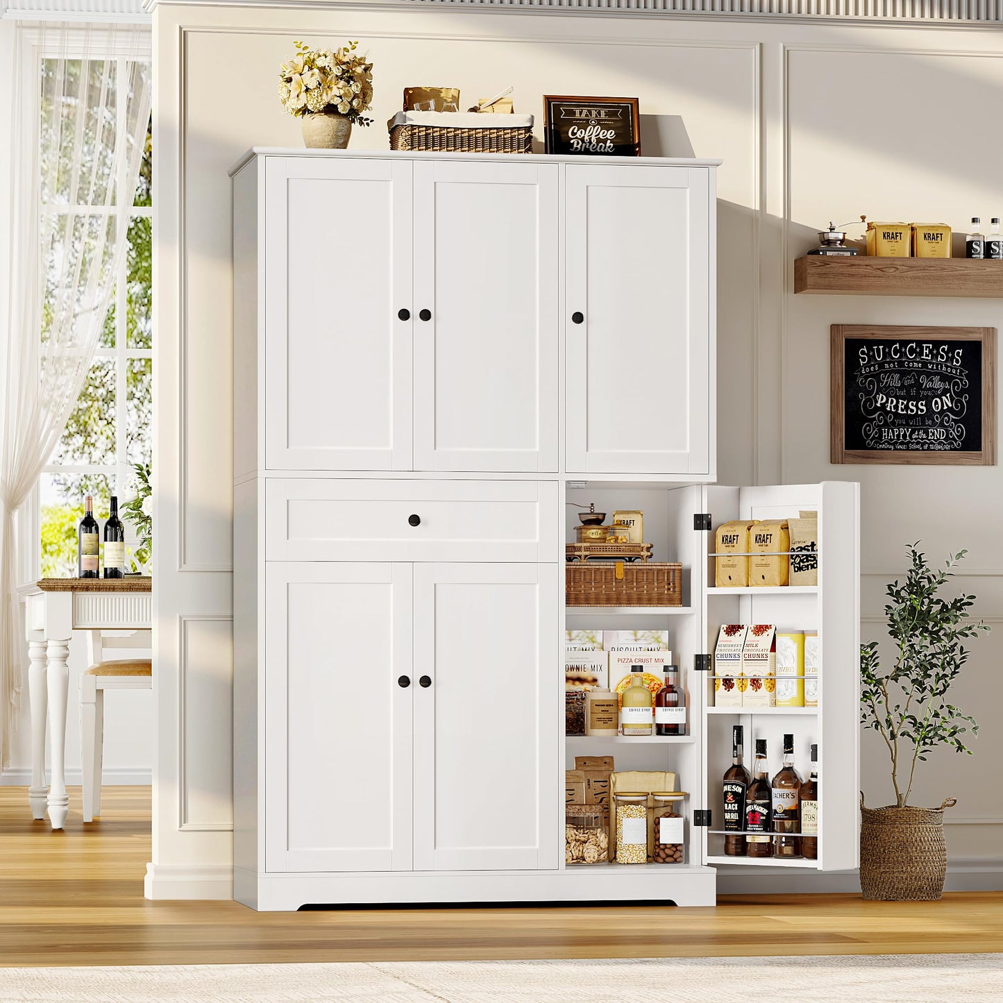 HOSTACK 68" Tall Kitchen Pantry Storage Cabinet, Modern Kitchen Hutch Cabinet with Doors and Shelves, Freestanding Food Pantry with Large Storage Drawer for Dining Room, Living Room, White