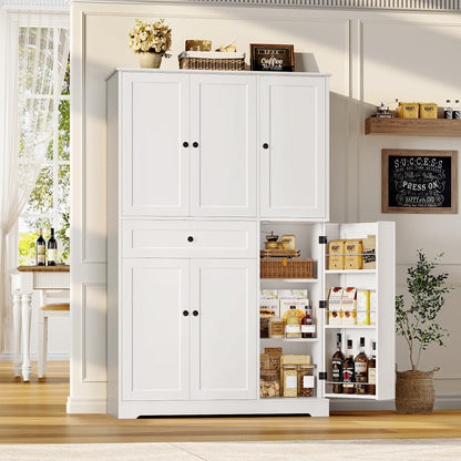HOSTACK 68" Tall Kitchen Pantry Storage Cabinet, Modern Kitchen Hutch Cabinet with Doors and Shelves, Freestanding Food Pantry with Large Storage Drawer for Dining Room, Living Room, White