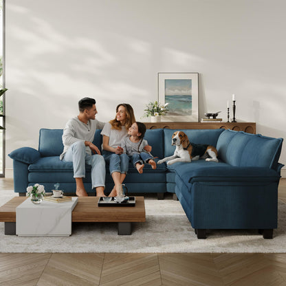 LINSY HOME 119" Modular Sectional Sofa Couch Corduroy Cloud Couches for Living Room, V-Shaped Cloud Couch Sectional Sofas for Bedroom and Apartment, Blue