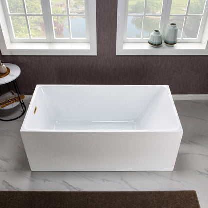 WOODBRIDGE 59" Acrylic Freestanding Bathtub Contemporary Soaking White Tub with Brushed Gold Overflow and Drain，B0085-BG-Drain&O