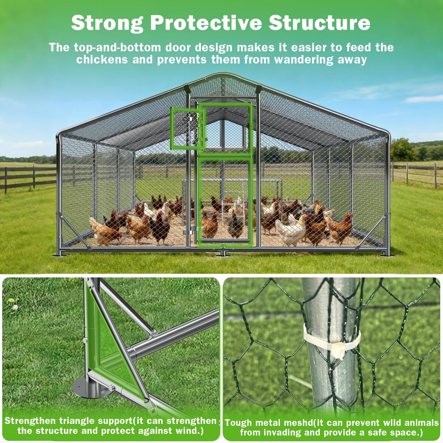 10x20FT Metal Chicken Coop, Large Chicken Run with Dutch Door Chicken Perch, and 2 Cover, Walk in Duck Coop for Backyard Poultry and Pet Farming