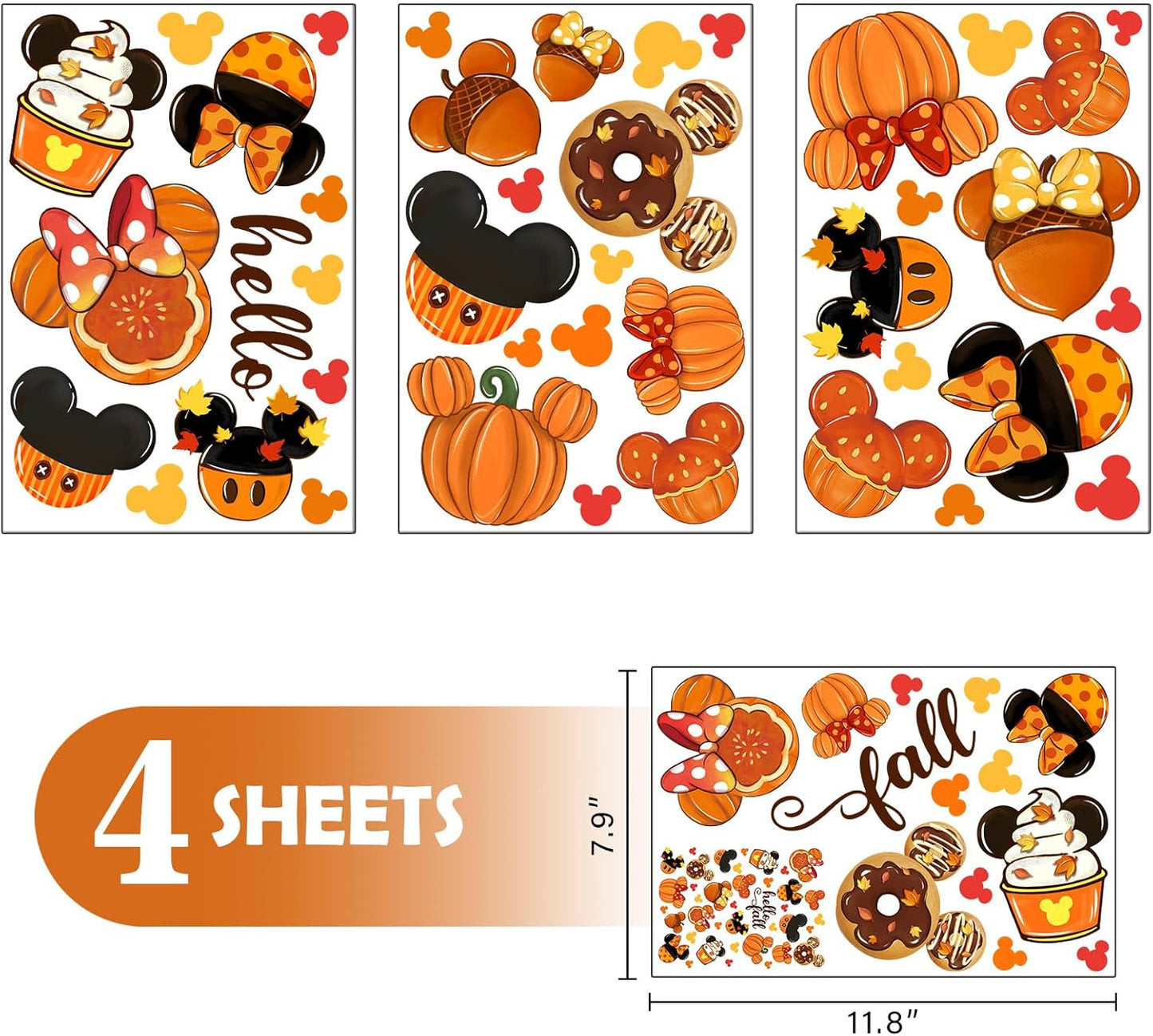 Mfault Hello Fall Cartoon Mouse Window Clings, 4 Sheets Autumn Stickers Decals for Seasonal Home Kitchen Decor