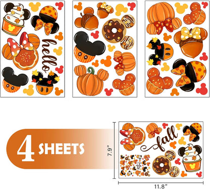 Mfault Hello Fall Cartoon Mouse Window Clings, 4 Sheets Autumn Stickers Decals for Seasonal Home Kitchen Decor