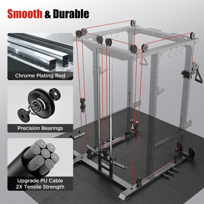 Sportsroyals Power Cage, Multi-Functional Squat Rack, Power Rack with Pulley System & LAT Pull Down, Workout Cage with J Hooks for Home Gym