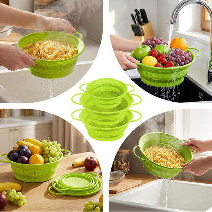 Afarnook 3 Pack Collapsible Colander with Strainer Bowl Set, 11 & 13 In BPA-Free Silicone Colanders for Kitchen, Heat-Resistant Strainer Dishwasher Safe Baskets for Vegetable Fruits (Green)