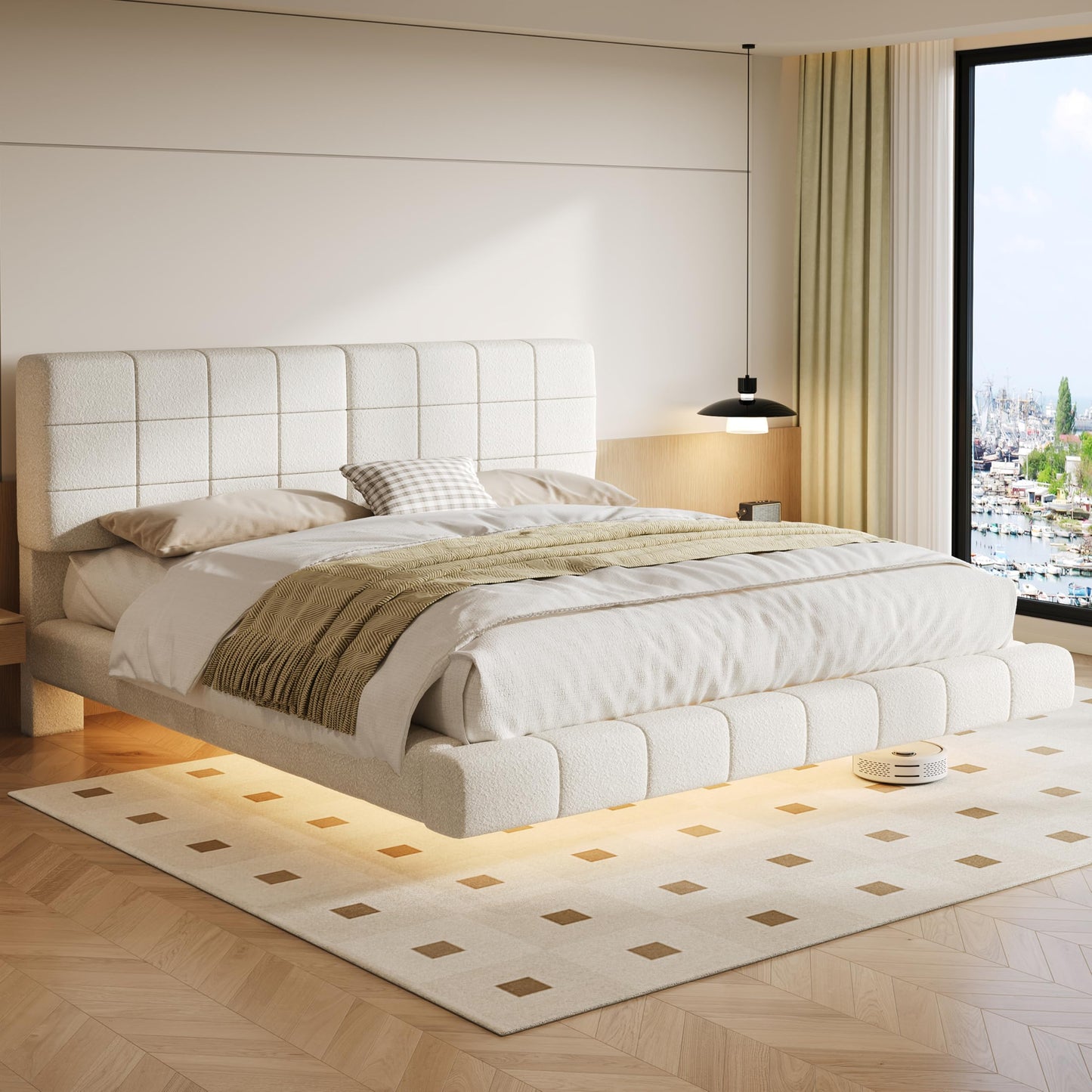 Merax King Size White Boucle Upholstered Platform Bed with Tall Headboard, Modern Floating Bed Frame with LED Lights for Bedroom, Solid Wood Slats Support, No Box Spring Needed, Easy Assembly