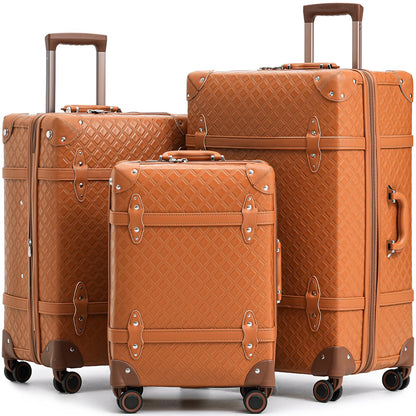NZBZ Vintage Luggage set Carry on Cute Suitcase with Rolling Spinner Wheels TSA Lock Luggage 3 Pieces (Cognac Brown, 20inch & 24inch & 28inch)