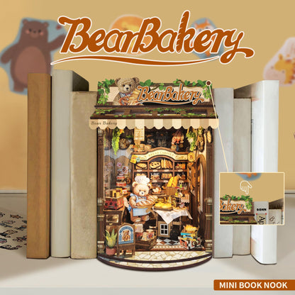IBOHEYE Mini Book Nook Kit,DIY Miniature House kit,3D Puzzle Dollhouse Bookshelf Decor,Store Theme Booknook with LED Light Dust Cover,Gifts for Adults Teens and Beginners- Bear Bakery(SQ-65)