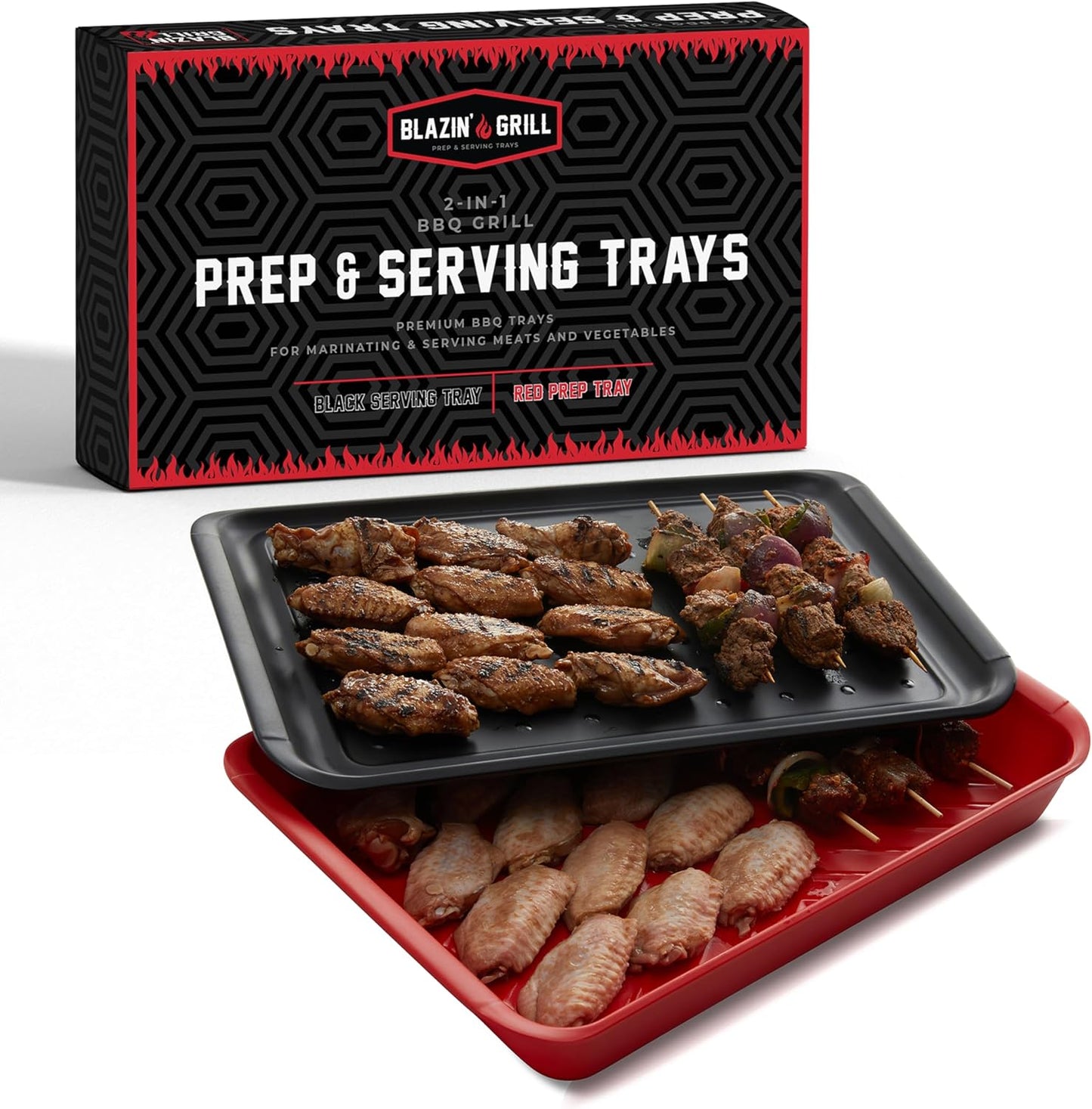 BLAZIN' GRILL Prep and Serve Trays, Set of 2 Stackable Melamine Trays for Serving and Marinating Food, BBQ Prep Tub