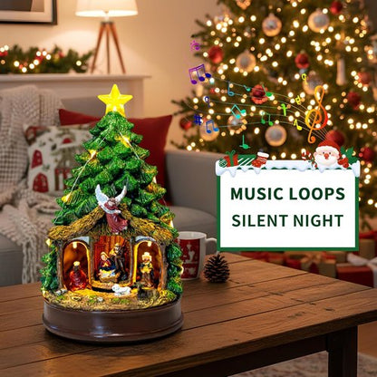 Candieslife Musical Christmas Tree - Rotating Nativity Scene with LED Star Light | Tabletop Decor Gift