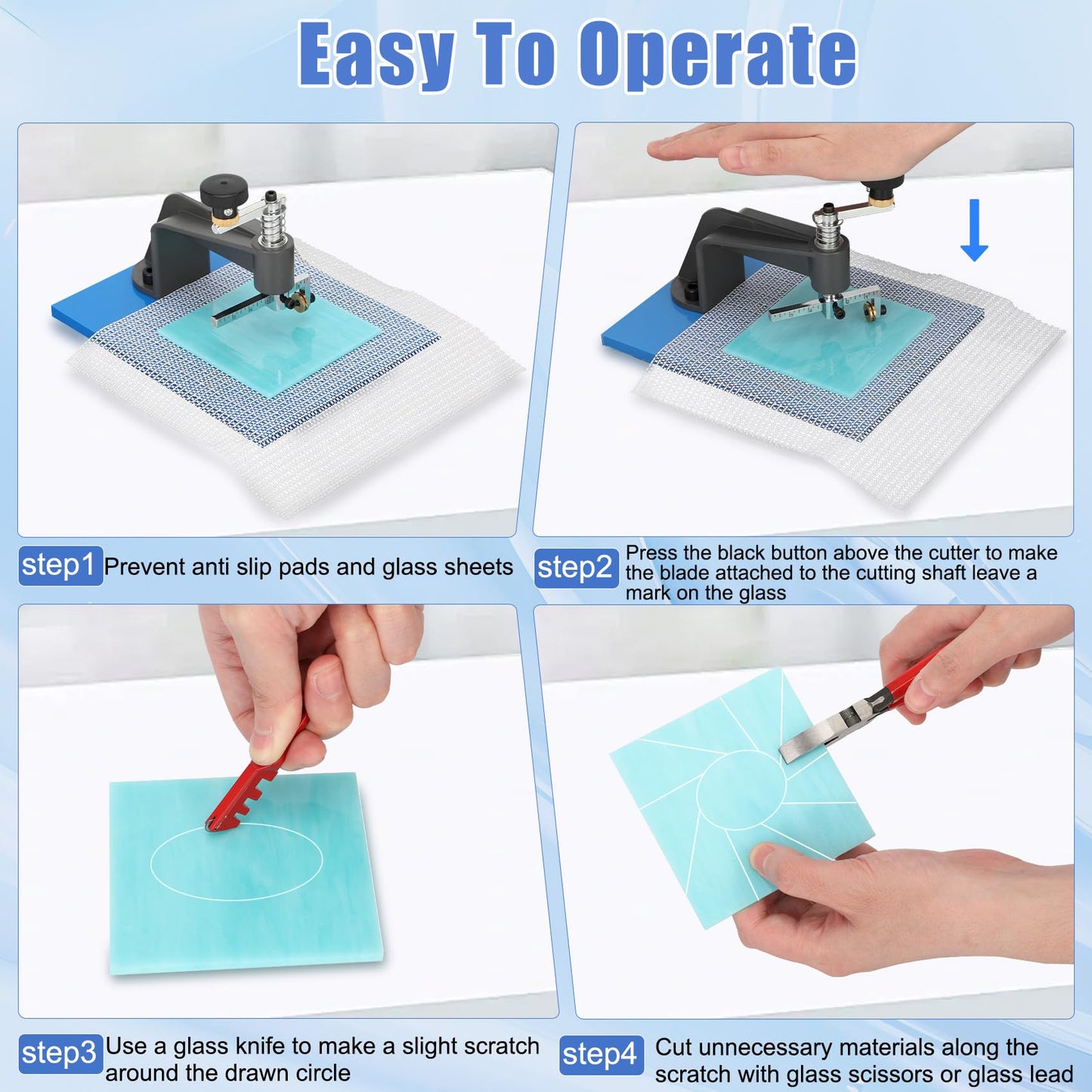 Glass Circle Cutter Kit for Stained Glass, Mosaic, DIY Crafts – Adjustable 0.39–3.93" Lens Circle Cutter with Non-Slip Mat, Gloves, Glass Cutter, Pliers, Hammer, & 1 pc Stained Glass (Random Color)