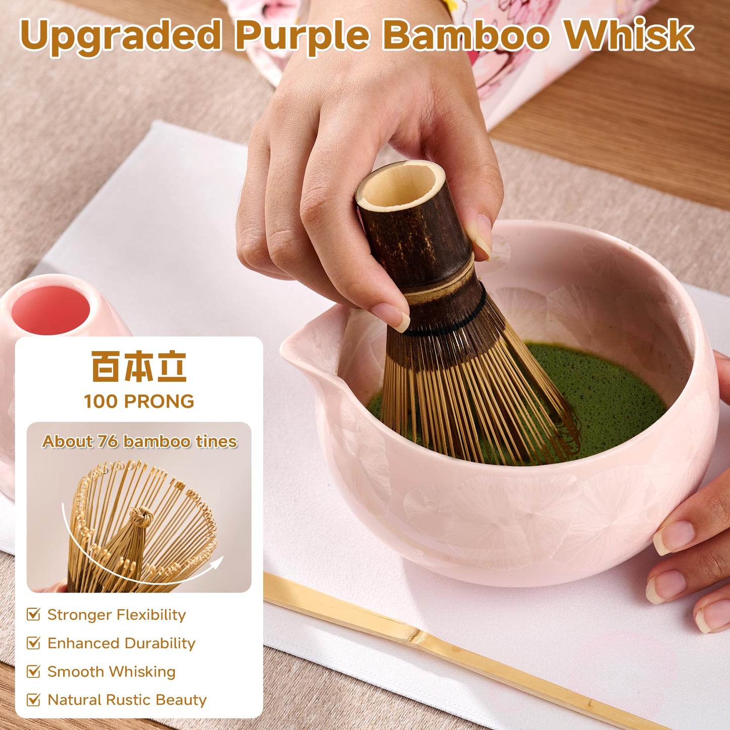 ComboJoy Matcha Whisk Set – Crystalline Glaze Bowl, Bamboo Whisk & Holder, Scoop & Sifter with Holder, Cup with Lid & Straw, Ice Cube Tray & Tea Towel – Pink Matcha Gift Set for Women, Women Gifts