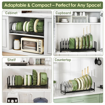 MUDEELA Pots and Pans Organizer Rack for under Cabinet, Expandable 11.81''-22.85'' Pot Lid Kitchen Cabinet Organizer Holder with 10 Adjustable Compartment Cutting Board Organizer for Pan Lid, Bakeware