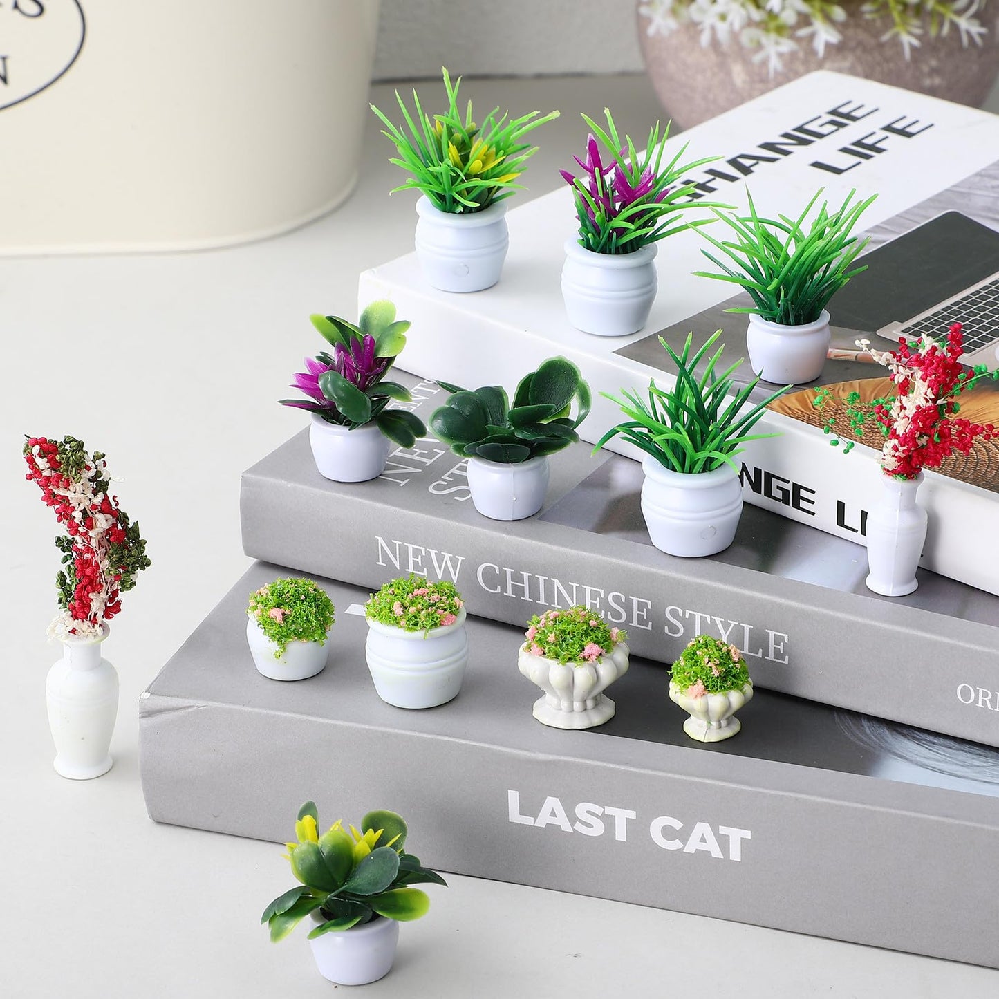 Toyvian 1:12 Dollhouse Miniature Potted Plants, 13pcs Tiny Faux Greenery Bonsai Models Miniature Fairy Garden Accessories Ornaments Doll House Decor Set for DIY Projects Collectors