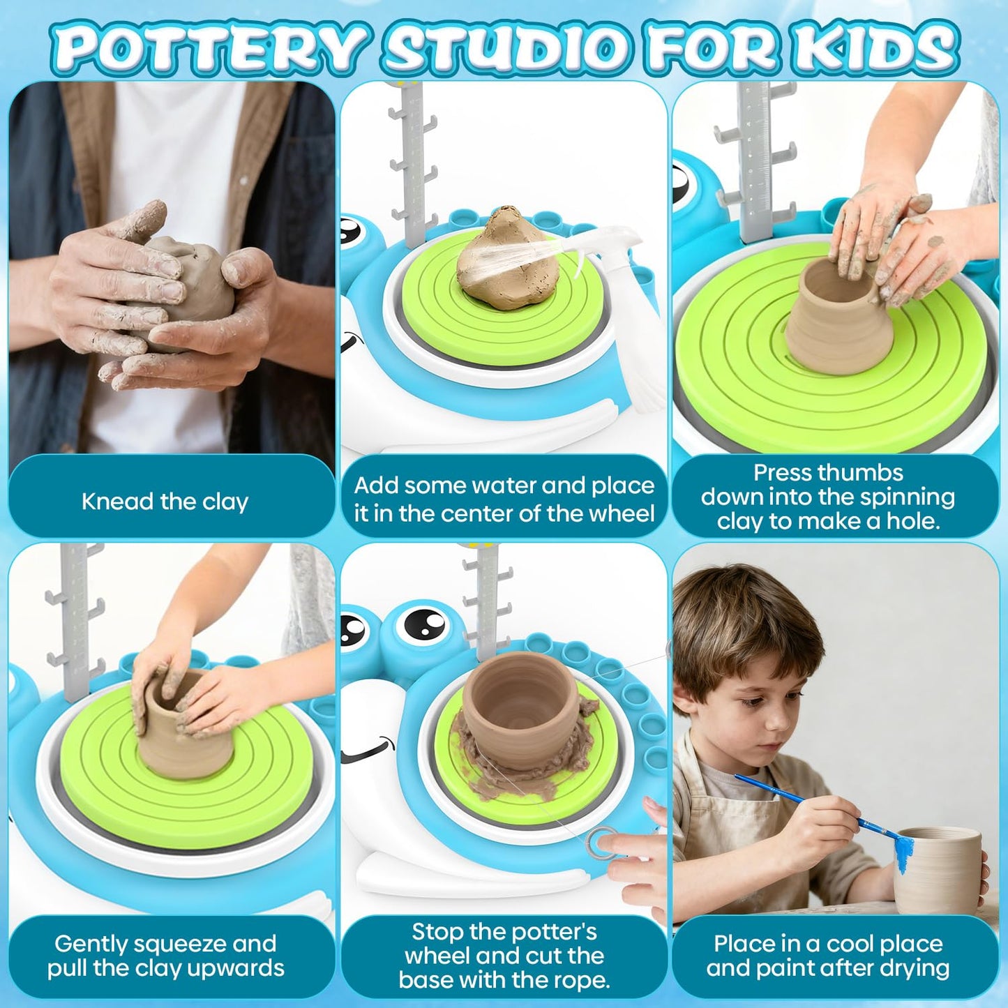 Pottery Wheel for Kids with 3 Clay Kits & Painting Supplies, Complete Arts and Crafts for Kids Ages 8-12, Mini Pottery Studio Toys for Ages 8-13, Ideal Christmas Birthday Gift for Grandkids Boys Girls