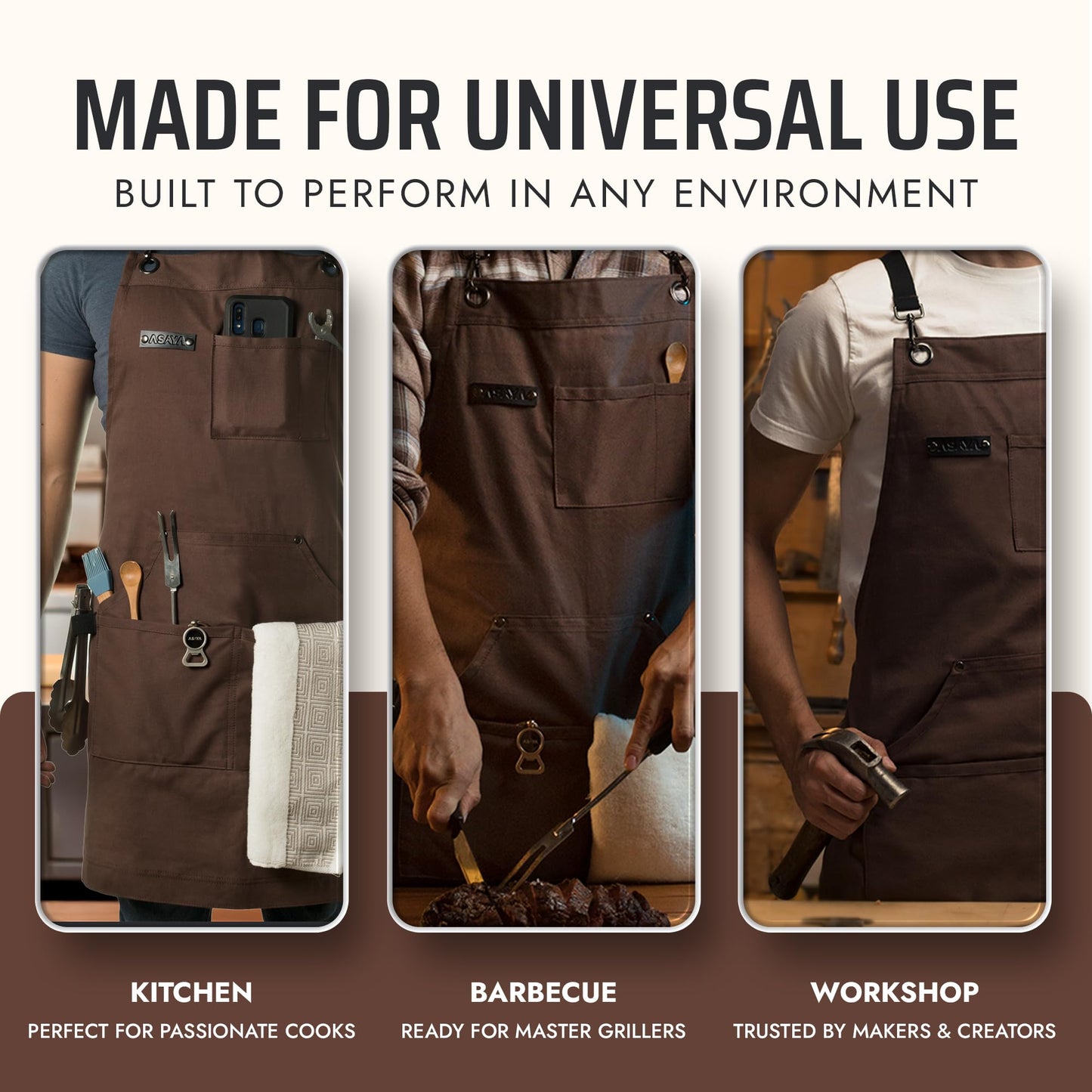 Asaya Chef & BBQ Apron with Pockets - Cross Back Canvas Cooking Apron for Women and Men, Adjustable Work & Grilling Aprons with Pocket, Bottle Opener and Hand Towel, 10oz Cotton Canvas (Brown)