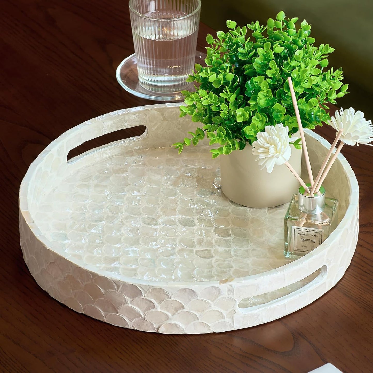 12.6 Inch Counter, CHI AN HOME Capiz Round Decorative Tray, Decorative Serving Tray with Handles for Coffee Table