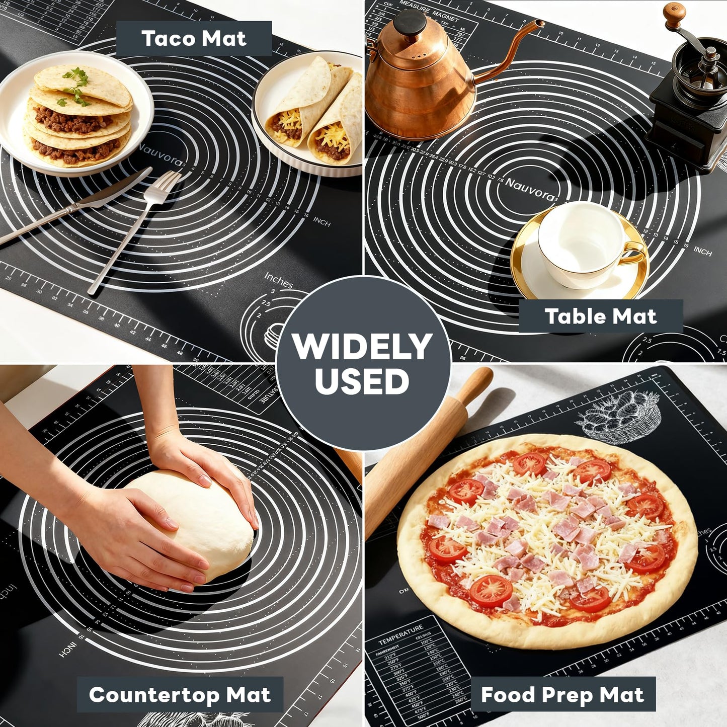 Nauvora Extra Large Baking Mat - 26" Silicone Pastry Mat, Reusable Non-Stick Dough Mat with Measurement for Fondant, Rolling Dough, Pie Crust, Pizza and Cookies, Black