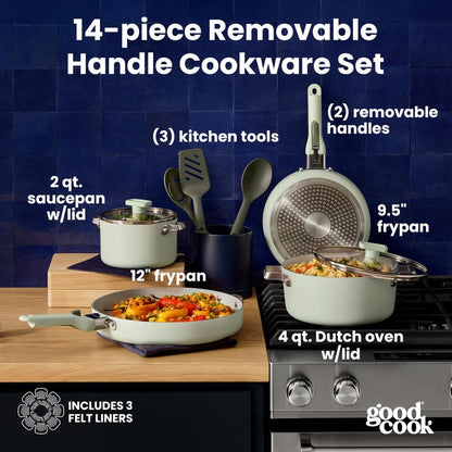 GoodCook Ceramic Cookware Set 14-Piece with Removable Handles, Nonstick Pots & Pans, Induction & Oven Safe, Sage Green