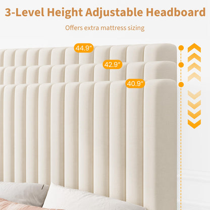GarveeHome King Size Bed Frame, Upholstered Platform Bed Frame Queen Size with Vertical Channel Tufted Adjustable Headboard, Strong Wooden Slats Support, No Box Spring Needed, Easy Assembly, Beige