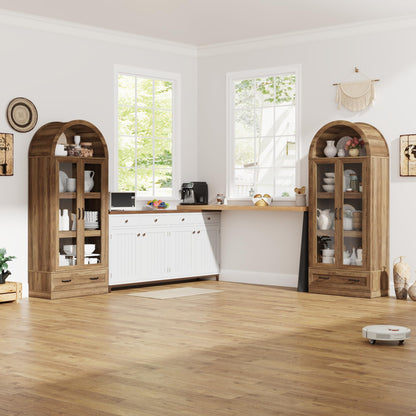 75" Tall Arched Kitchen Pantry Cabinet w Load-Bearing Steel Pipe,Modern Farmhouse Kitchens Storage Cabinet with Drawer and Glass Doors,Tall Arched Bookcase,Pantry Organizer for Living Room(Natural)