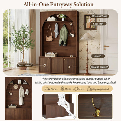 roomfitters Modern Arched Entryway Hall Tree with 3 Storage Cabinets, Upper Shelf and Coat Hooks for Mudroom, Walnut