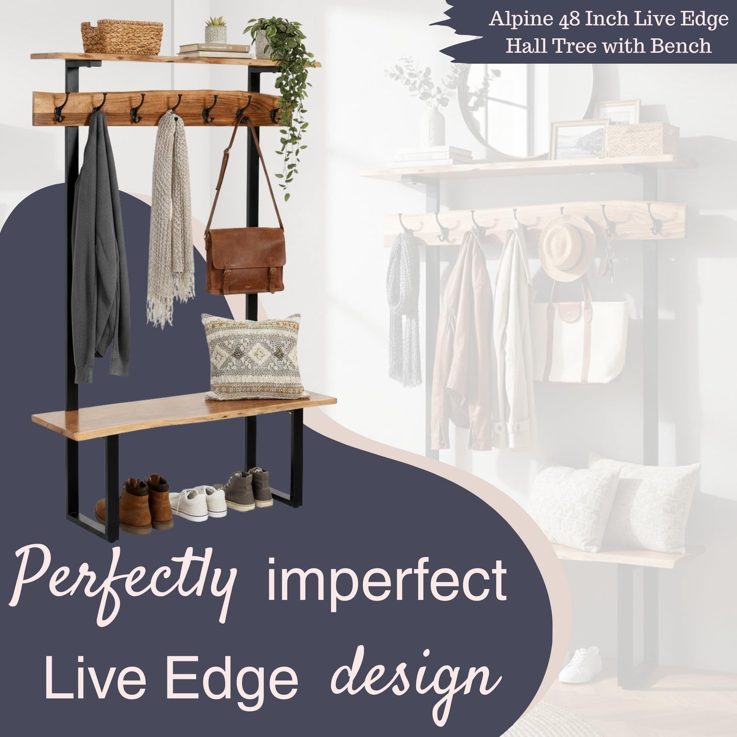 Alpine Live Edge Hall Tree with Bench and Coat Rack – Modern Rustic 48-Inch Solid Wood Entryway Organizer with Shelf, 7 Double Coat Hooks, & Bench for Mudroom or Foyer by Alaterre Furniture (Natural)