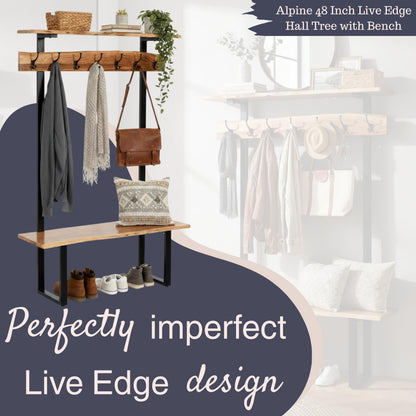 Alpine Live Edge Hall Tree with Bench and Coat Rack – Modern Rustic 48-Inch Solid Wood Entryway Organizer with Shelf, 7 Double Coat Hooks, & Bench for Mudroom or Foyer by Alaterre Furniture (Natural)