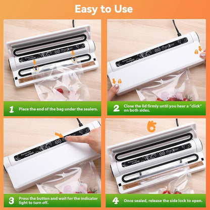 Food Saver Vacuum Sealer Machine, 75KPA Strong Suction for Dry/Wet Foods, Digital Countdown Timer, Compact Design with LED Lights, Includes 20 Vacuum Seal Bags, Ideal for Home Kitchen Use