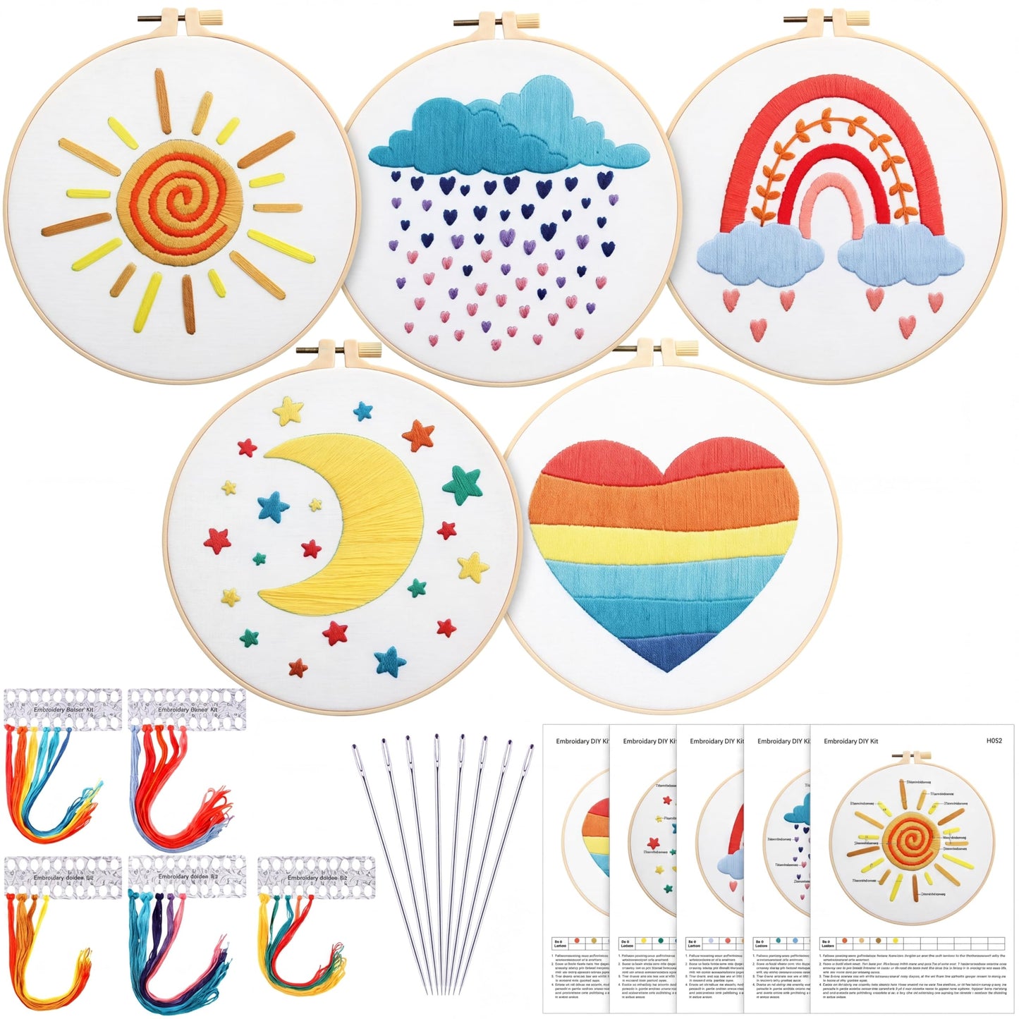 Yinder 5 Set Starter Embroidery Kit for Beginners Boho Cross Stitch with Patterns Embroidery Hoops Instructions Floss Punch Needlepoint Kits Crafts DIY Adult Beginner Cross Stitch(Rainbow)