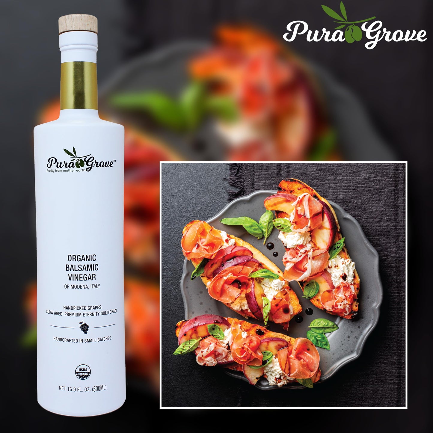 Pura Grove Organic Balsamic Vinegar From Modena Italy - Slow Aged Premium Eternity Gold Grade - Handpicked & Crafted In Small Batches - 16.9 Oz Opaque Glass Bottle
