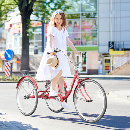Max4out Adult Tricycle with Large Basket 24/26 Inch, Stable 3 Wheel Cruise Bicycle for Shopping, Beach and City Trike Perfect for Men, Women, Seniors（24 Red）