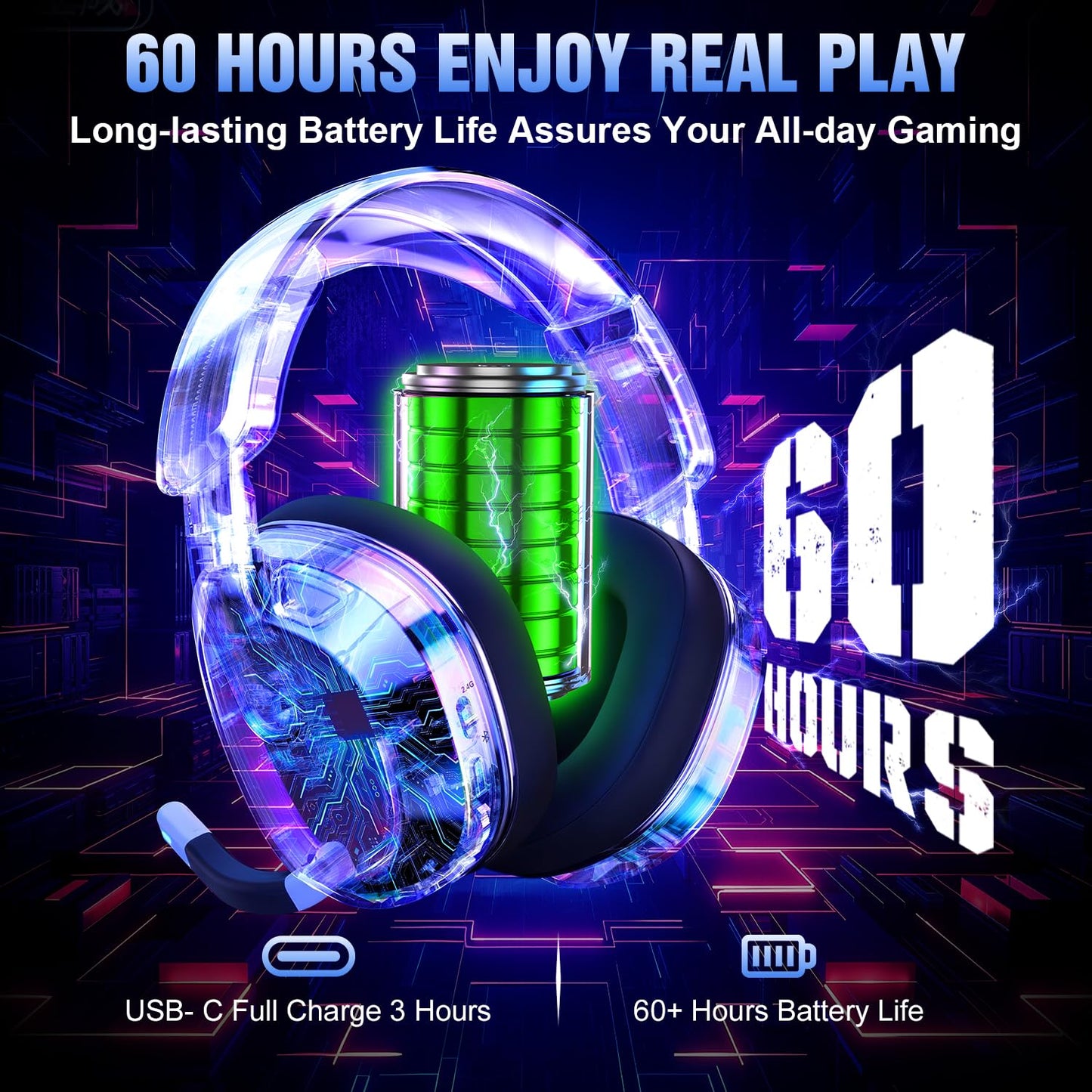 YPBDAN Wireless Gaming Headset for PS5 PS4 PC Switch Mac - RGB Over-Ear Headphones with Noise Cancelling Mic, 60H Playtime, 7.1 Surround Sound, Bluetooth 5.4 & Memory Foam Ear Cushions