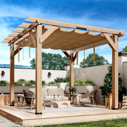 GAOMON 10x10Ft Wood Pergola with Retractable Canopy, Outdoor Patio Pergola with Sun Shade Cover, Durable & Rot Resistant, Cedar Wood Pergolas and Gazebos, for Patio, Deck, Garden