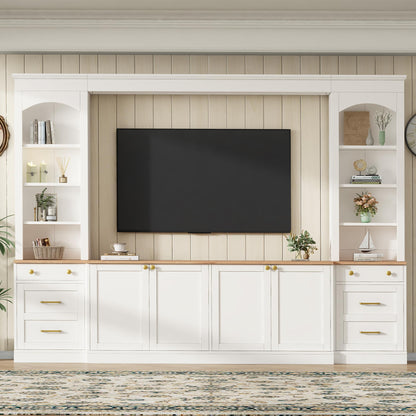 Merax Farmhouse 106-Inch Arched Entertainment Wall Unit Set with Adjustable Shelves, TV Stand for Televisions Up to 70'', Mid-Century Large Media Console with Drawers for Living Room, White