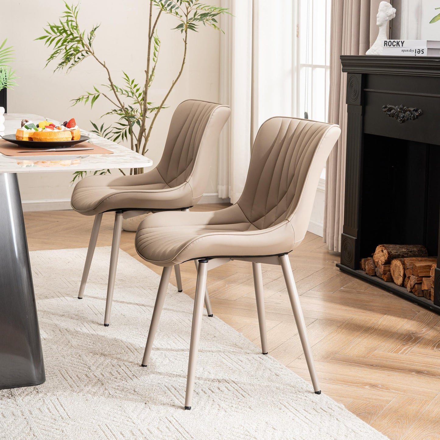 YOUTASTE Modern Upholstered Dining Chairs Set of 2, All Khaki Faux Leather Kitchen Chairs, Mid-Century Armless Accent Chairs with Metal Legs for Living Room, Bedroom