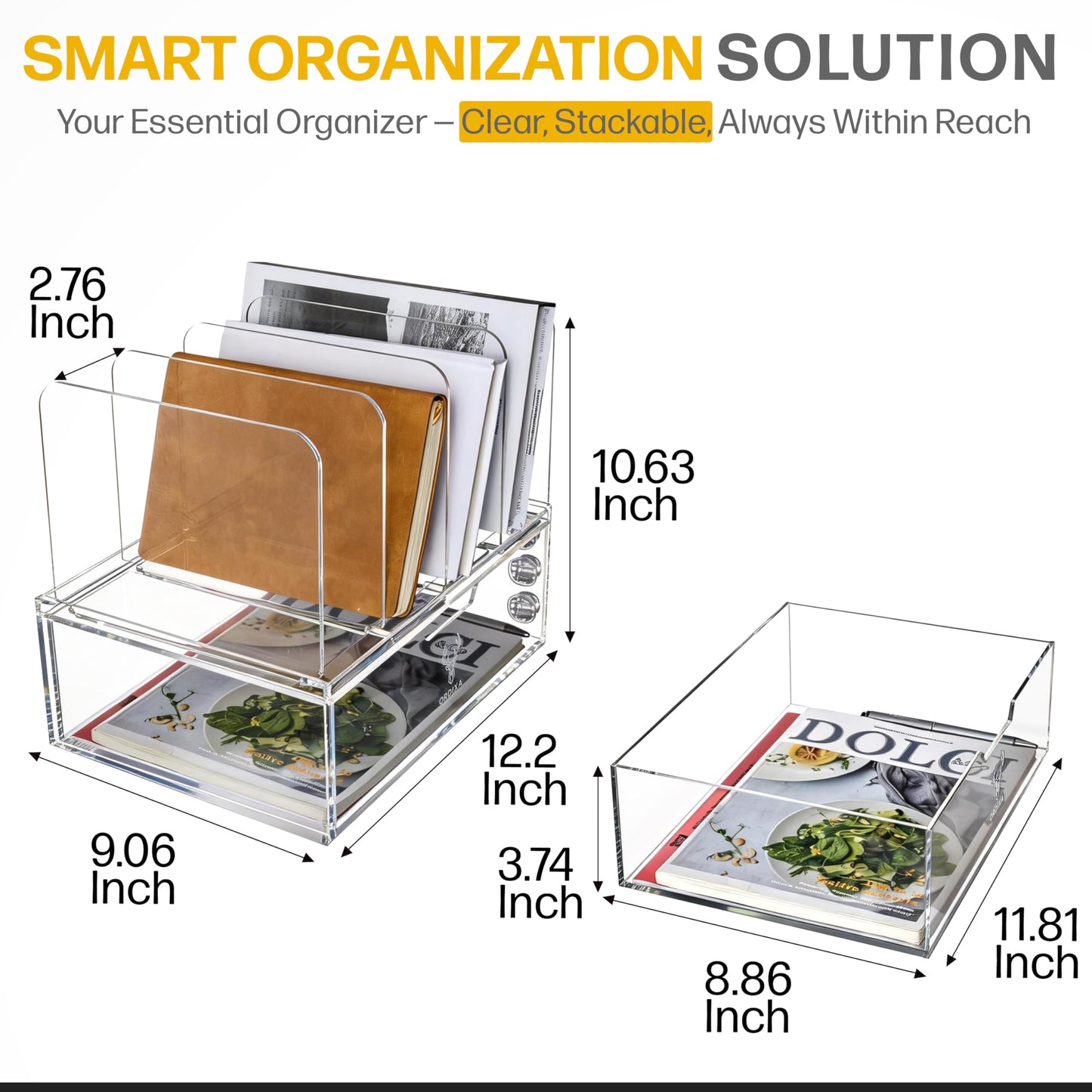 Acrylic Desk Organizer with Drawer and Cable Holders, Clear Acrylic Desktop Organizer with 4 Vertical Compartments, Sturdy Office & Home Desk Storage – ORDIXA