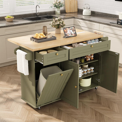 ComfyCorner 60" Rolling Large Kitchen Island on Wheels with Extendable Table, Drop Leaf & Power Outlet, Mobile Kitchen Cart with Storage Cabinet, 2 Drawers, Spice Rack, Towel & Knife Holder, Green