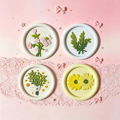 DBEFTLI 4-Piece Botanical Wax Seal Stamp Set – Interchangeable Solid Brass Heads & Wooden Handle – Vintage Floral Collection (Eustoma, Rosemary, Daisy, Tied Bouquet) in Gift Box for Weddings & DIY