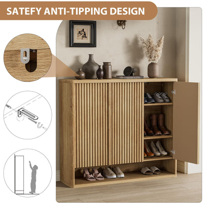 Garvee 46 Inch Shoe Cabinet, Large Shoe Storage Cabinet with Adjustable Shelves, Wooden Shoe Organizer with Fluted Door Holds 30-35 Pairs for Entryway & Living Room, Natural Wood