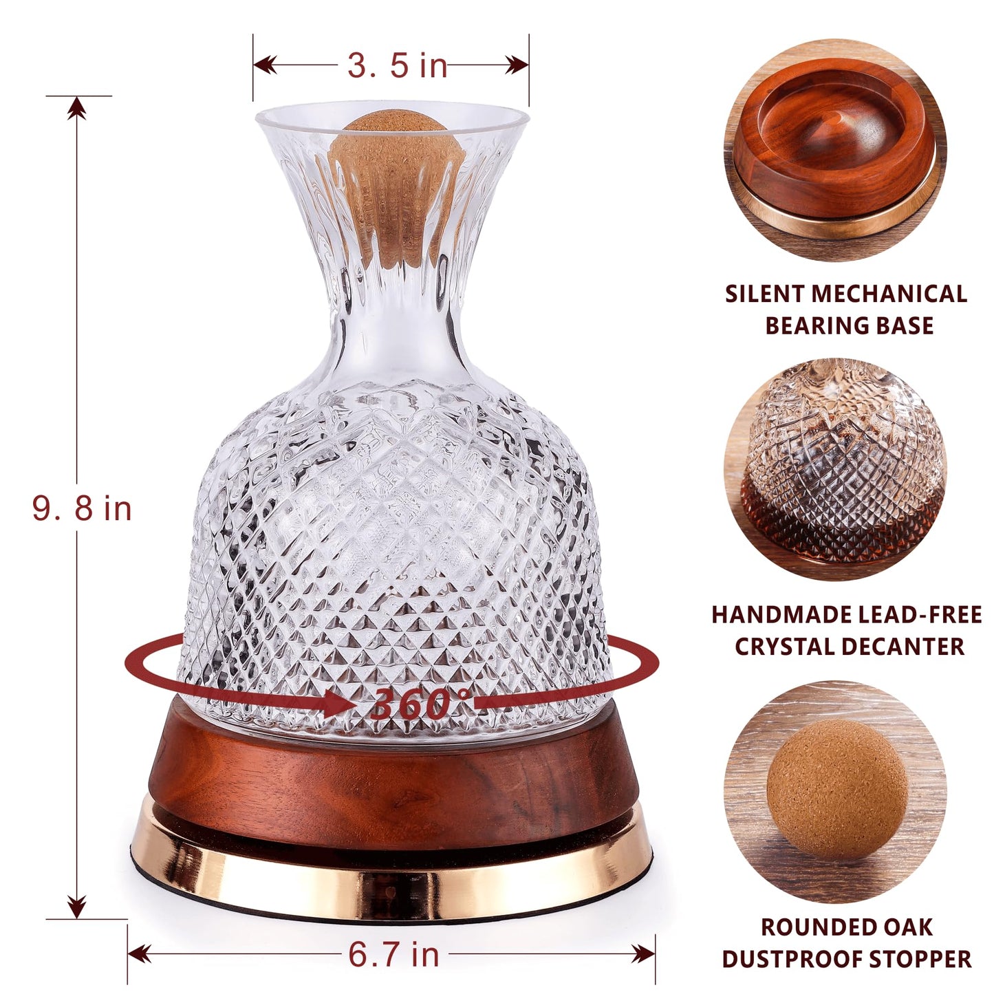 Rotating Wine Decanter with Wooden Base – 360° Spinning Wine Aerator for Fast Oxygenation, Crystal Clear Wine Carafe Decanter for Red Wine, Elegant Wine Decanter Set & Gift Choice