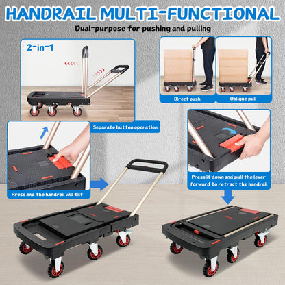 Heavy Duty 600lbs Capacity Platform Truck, Collapsible Dolly Cart w/Brake Wheel, Retractable Platform & Handle,Sponge Grip,Portable Dolly Cart for Luggage,Camping,Delivery & Storage