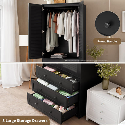 GarveeHome Armoire Wardrobe Closet with 3 Drawers, 69.5" Wooden Wardrobe Cabinet, Hanging Rod, 2 Doors Clothing Storage Cabinet for Bedroom, Large Capacity Storage, Louvered Door, Black