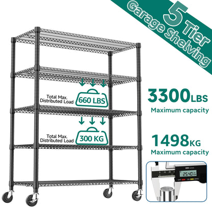 M MZG 3300LBS 53.1" W 5 Tiers Shelf Steel Storage Shelving Utility Shelving Unit Steel Organizer Wire Rack for Home,Kitchen,Office,Garage Black 23.6" D x 53.1" W x 73.6" H