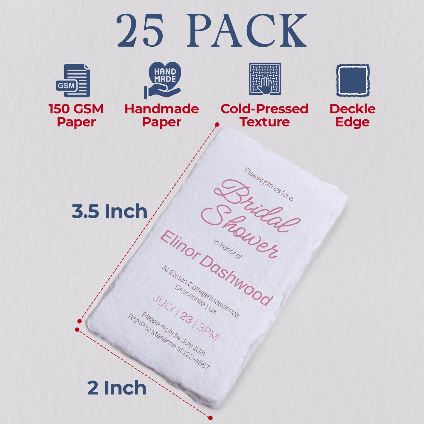 Wanderings Handmade Deckle Edge Tent Cards – Folded to 2" x 3.5" – 150 GSM - 25-Pack – Textured Cotton Paper – Blank Names, Table Settings, Gift Tags, Love Notes