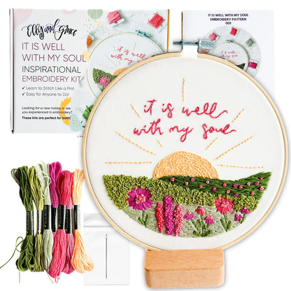 Elly & Grace Christian Embroidery Kit with Embroidery Hoop, Easy Embroidery Kit for Beginners and Adults, Full Embroidery Hoop Kit with Needles and Thread Included (It is Well)